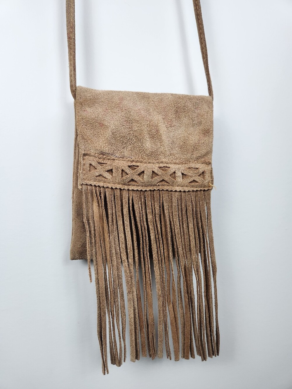 Suede Leather Tan Fringe Mini Purse Crossbody Bag 70S 60s Boho Indie Sleaze Art